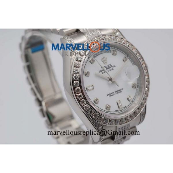 Rolex Day-Date II A21J White Enamel Dial Diamonds Bezel